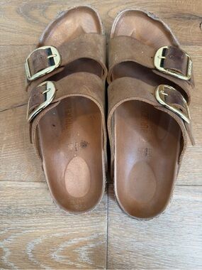 Birkenstock Brown Suede Two-Strap Sandals with Gold Buckles